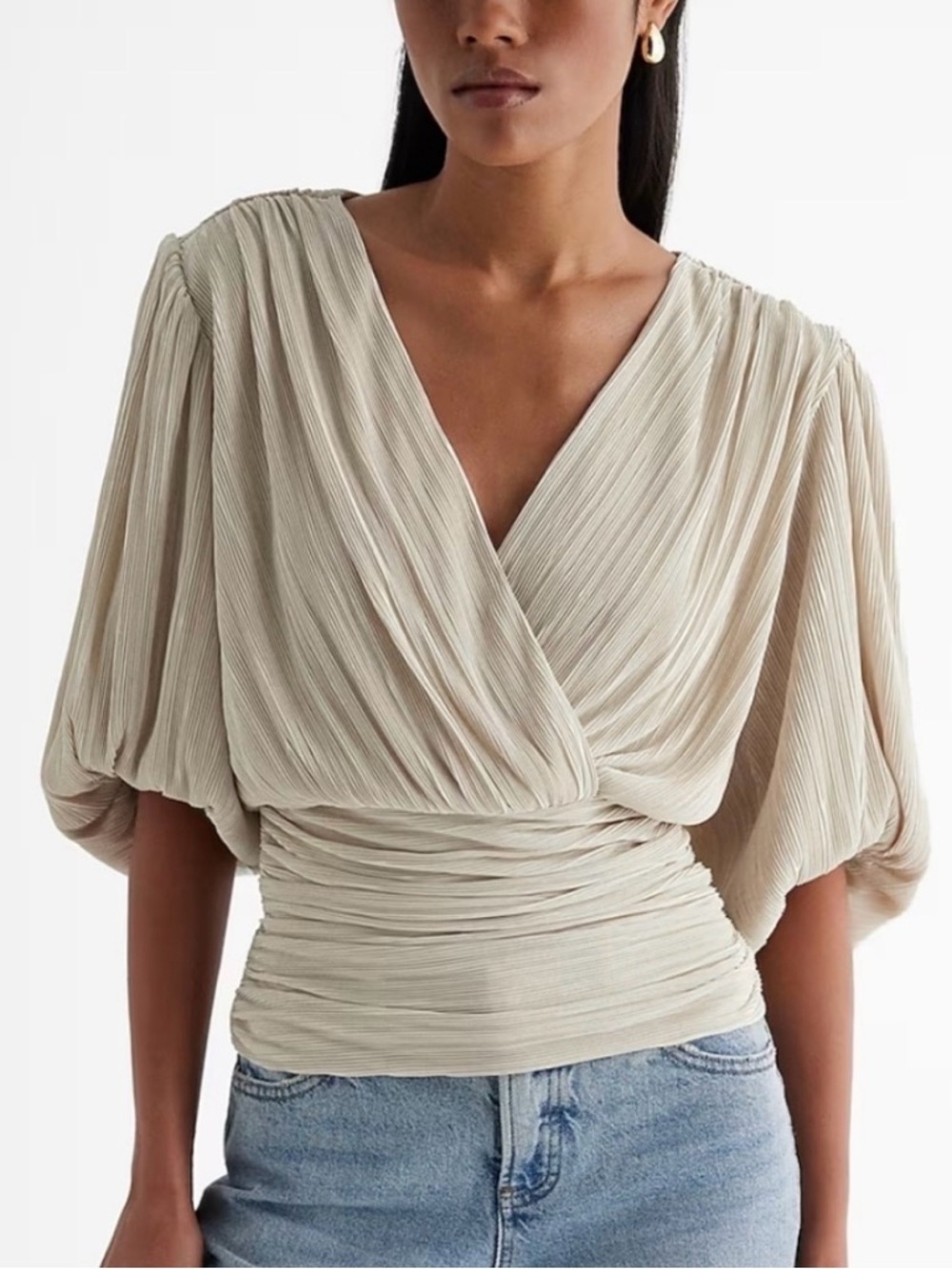 Express Pleated Draped V Neck Puff Sleeve Faux Wrap-Style Blouse NWT